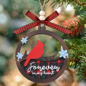 Forever in My Heart, Red Cardinal Snowflake Checkered Hollow Wooden Decor, Cardinal Memorial Ornament Gift, 2 Layer Wooden Decoration, Christmas Tree Hanging Decoration, Sympathy Memorial Gifts for Loss of A Loved One, Christmas Home Decoration