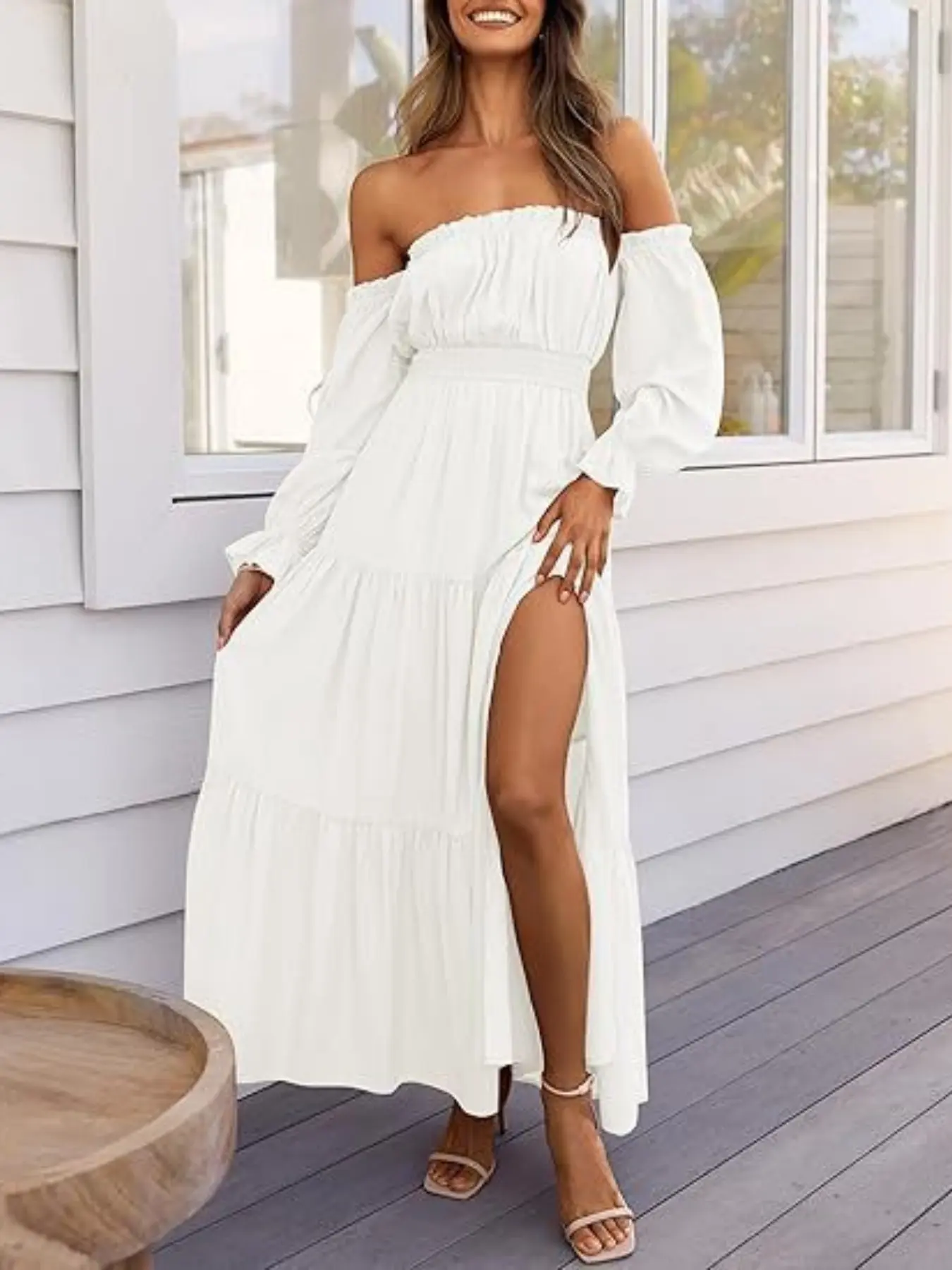 Women's Boho Style Off-Shoulder Long Sleeve Smocked High-Waist Side-Split Flowy A-Line Tiered Maxi Dress, Perfect for Casual & Party Wear - TikTok Shop Women's Boho Style Off-Shoulder Long Sleeve Smocked High-Waist Side-Split Flowy A-Line Tiered Maxi Dress, Perfect for Casual & Party Wear - TikTok Shop