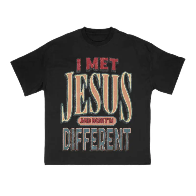 [🙏Sale Up To 50%]Unisex I Met Jesus And Now I'm Different Print T-shirt, Cotton Vintage Faith Slogan T-shirt, graphic tee, shirts men, gym tee, jesus gift