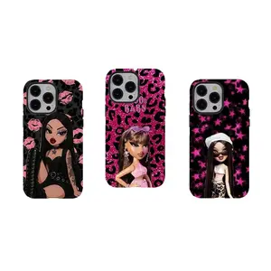 Y2k Bratz Doll Aesthetic Tough Shockproof Phone Case, Edgy Black & Pink Protective Cover, Nostalgic Cellphone Protection for iPhone 11 12 13 14 15 16 17 Pro Max Plus