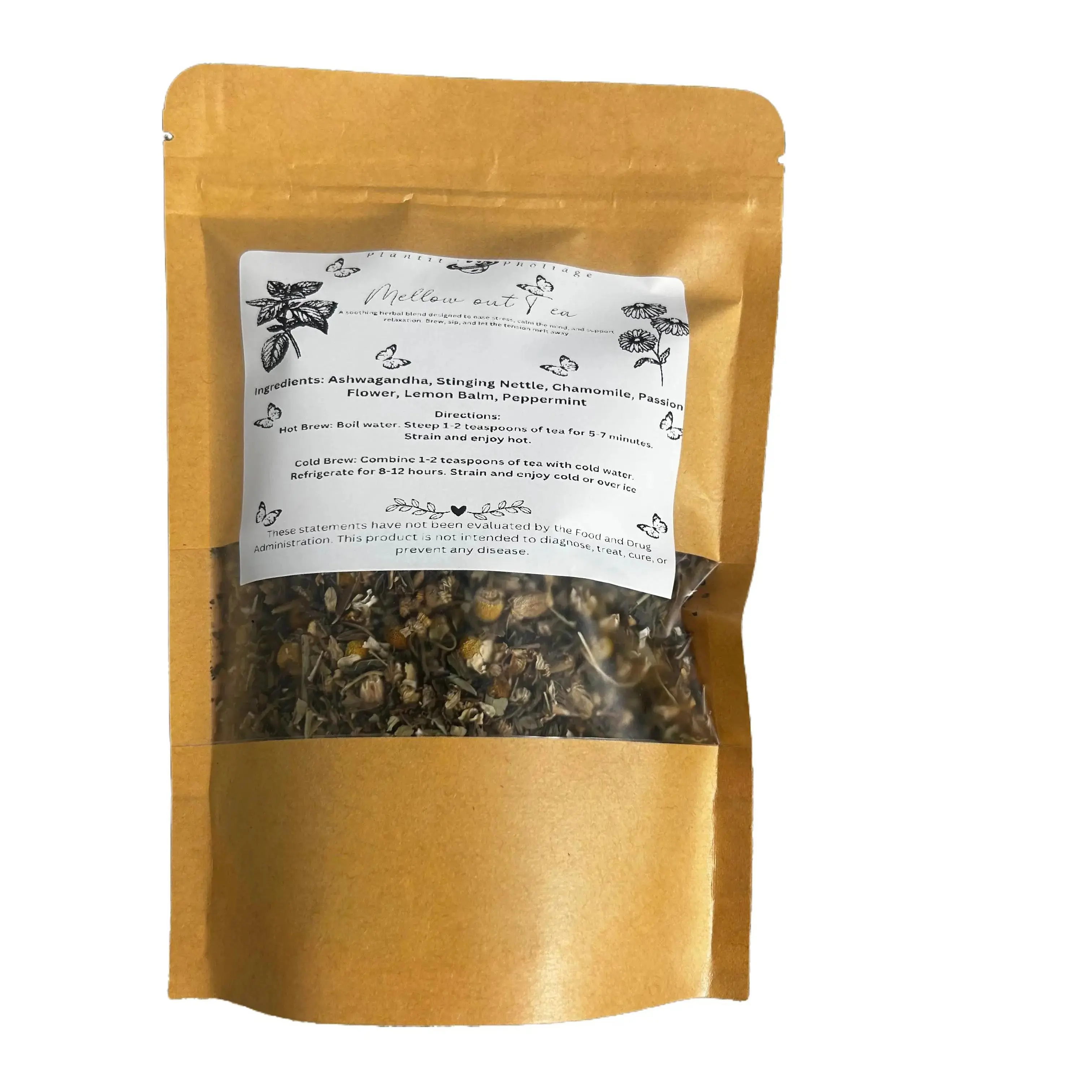 Mellow Out Loose Herbal Tea Blend  Beverage Natural with Ashwaganda, Stinging Nettle, Chamomille, Passion Fruit Leaf, and Peppermint calming relaxation rest Sweet