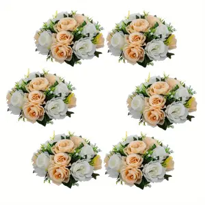 Pack Of 6 Artificial Flower Ball Arrangement Bouquets, Plastic Roses With Base, Fake Wedding Rose Flower Ball Centerpieces, Fake Flower Balls For Wedding Centerpiece Flower Racks For Party Valentine's Day Home Décor Table DIY Flower Decorations