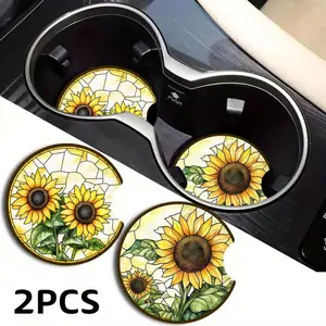 2pcs Sunflower Car Cup Holder Coasters, Universal Vehicle Drink Coasters, Washable