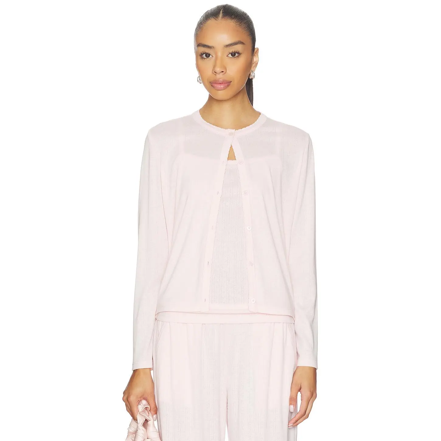 Barefoot Dreams Pointelle Rib Cardigan With Scallop Trim in Pink Sand