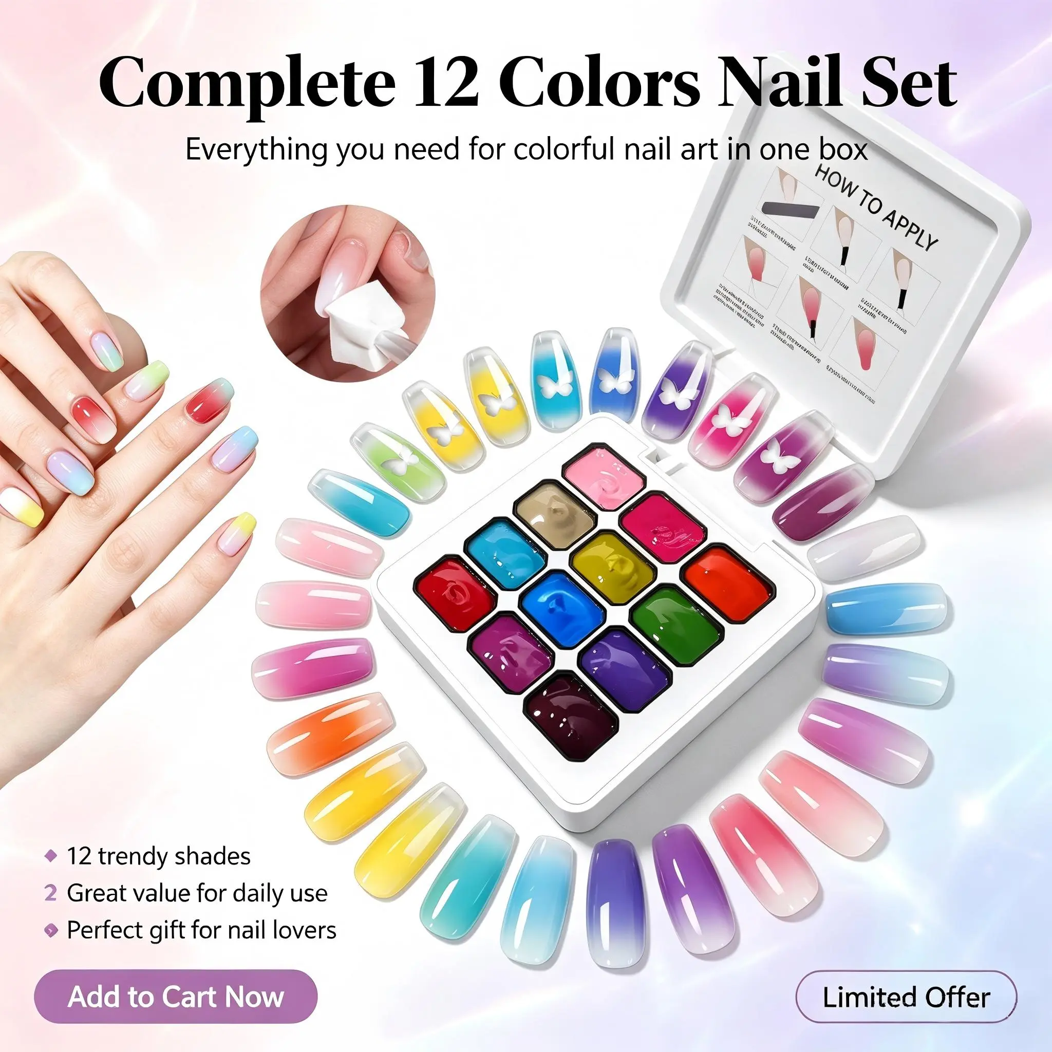 12-Color Macaron Solid Gel Nail Palette: Gradient & Aura Ombre Polish Kit with Butterfly Decals, Non-Leakage Pudding Potted Nail Art Set