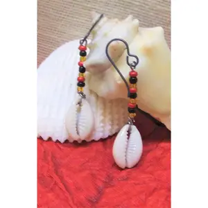 Red Black and Gold Cowrie Shell Earrings