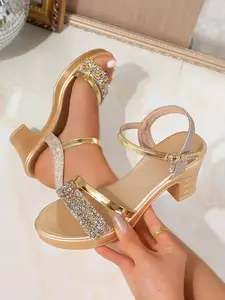 Women's Water Drill Fashionable Rhinestone Sandals Summer New Fashion Casual Mid-Heel Chunky Heels, Versatile PU Material, Less Than Ankle Height