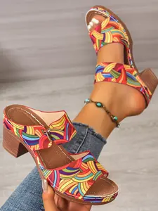 Boho Style Thick Heel Sandals, Colorful Print Flip Flops, Perfect for Vacation, Comfortable and Stylish Footwear
