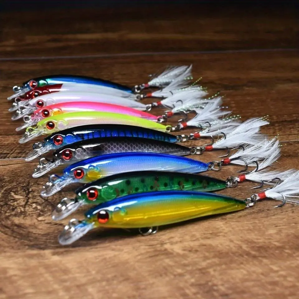 Artificial Fishing Lure with Feather Hook, 10pcs Topwater Fishing Lure, Bass Fishing Lure, Artificial Lures, Fishing Accessories for Outdoor Fishing, Fishing Supplies, Fishing Lure Set, Fishing Gear