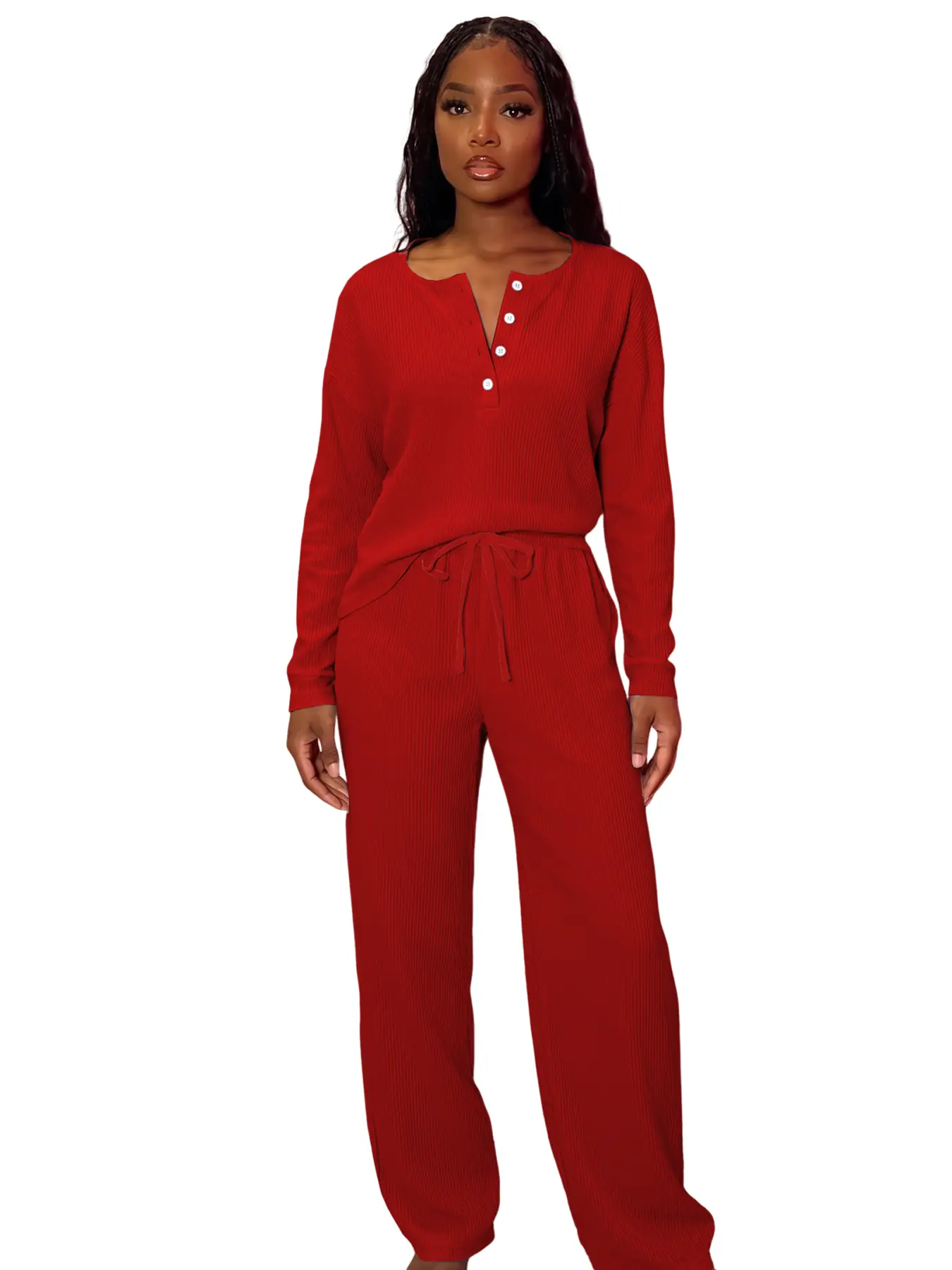 USBOUTIQUE CHIC Women's 2-Piece Ribbed Loungewear Set, Henley Button Placket Long Sleeve Top + High Waist Drawstring Jogger Pants Casual Sleepwear Outfit