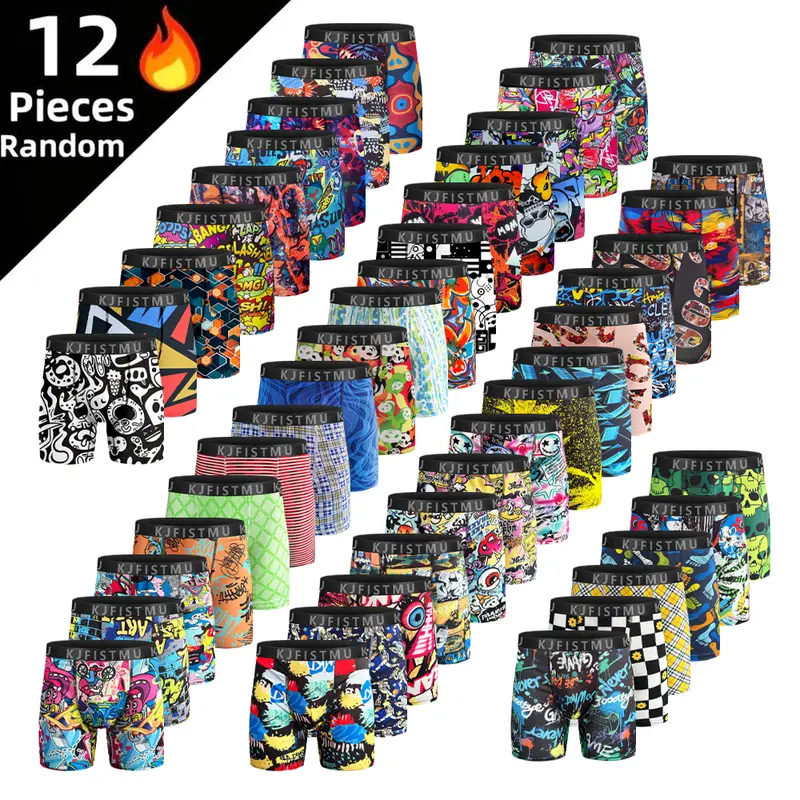 KJFISTMU 12-piece set of men's boxer briefs with random street graffiti prints, breathable cotton boxer briefs, sexy low-rise trunks, tagless underwear, multi-piece set, suitable as a gift, comfortable for fitness and sportswear