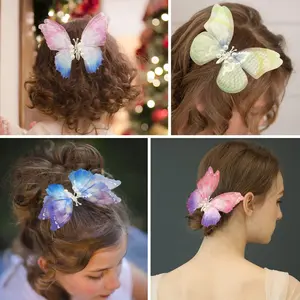 BIGWIG 3D Organza Flying Butterfly Hair Clips - Large Size 4.3" Silver Metal Moving Wings Barrettes, Fashion Business Casual Hair Accessories for Women
