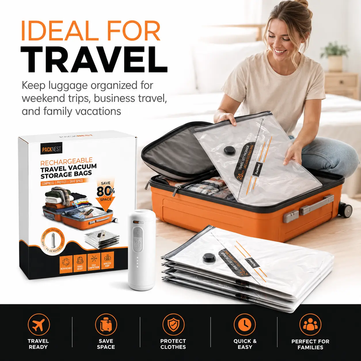 【Summer Vibes】New Rechargeable Wireless Vacuum Pump Travel Storage Bags Set - 20 Pack Portable Space Saver Bags for Travel & Home - Vacuum Compression Packing Seal for Clothes, Blankets, Seasonal Storage