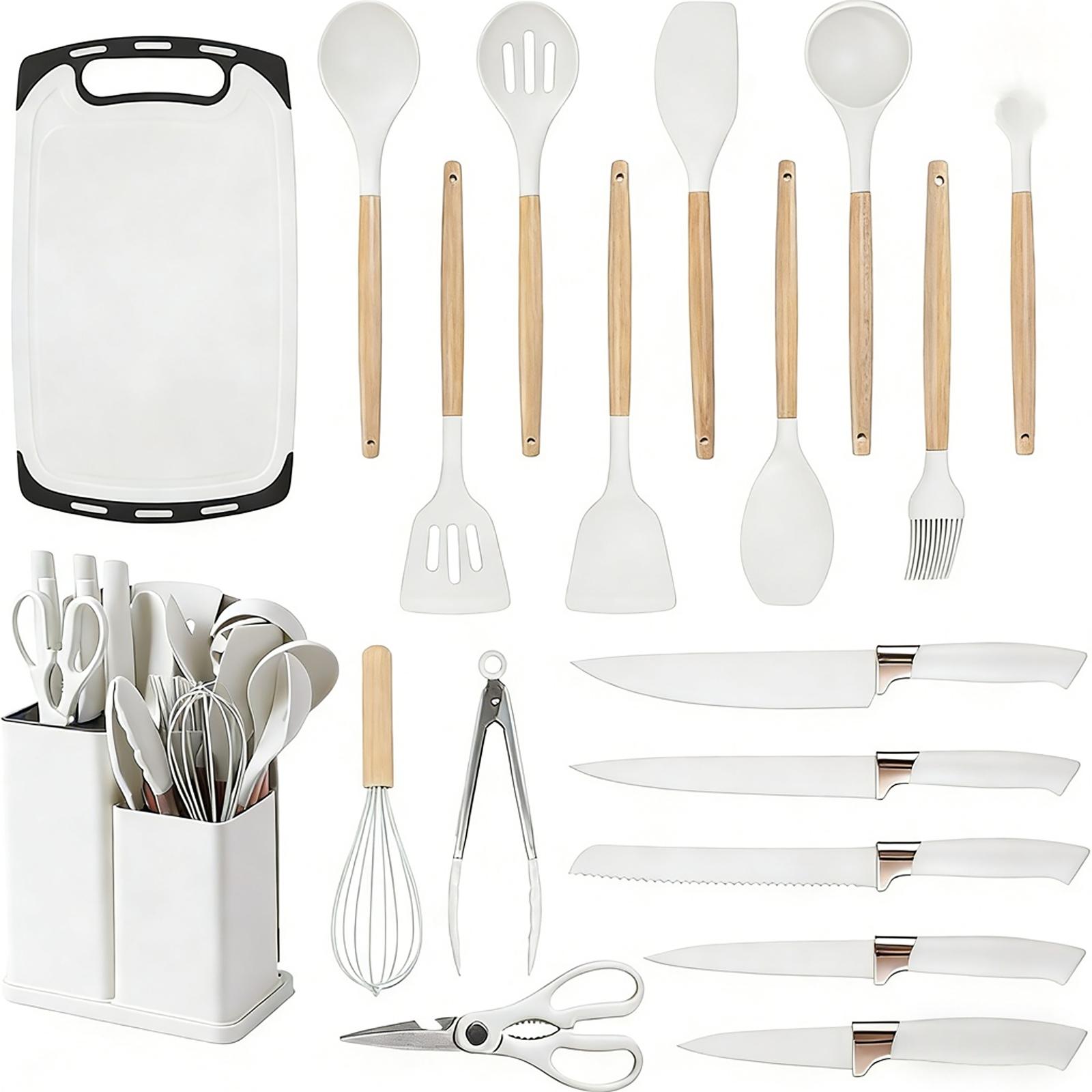 19-piece silicone kitchen utensil set, cooking tools with wooden handles, non-toxic, BPA-free, silicone spoon, rotating clamp, kitchen utensils, nonstick utensils with stand—an excellent choice for mothers, friends, or loved ones, kitchen soup ladle.