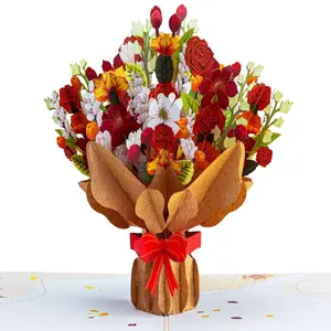 Paper Love Fall Flower Bouquet Pop Up Card - 3D Design with Colorful Arrangement in Brown Paper Bag & Red Ribbon - 5"x7" Metallic Cover for Fall & Halloween Celebrations