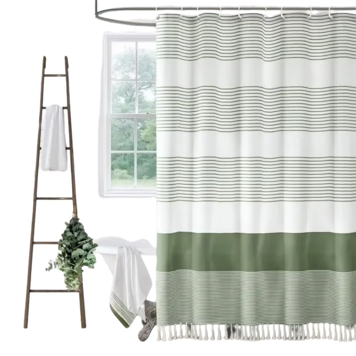 Green Boho Striped Shower Curtain with Tassels, 72" W x 72" L Soft Cotton‑Feel Fabric Shower Curtain, Boho Farmhouse Bathroom Decor Curtain for Bathtub
