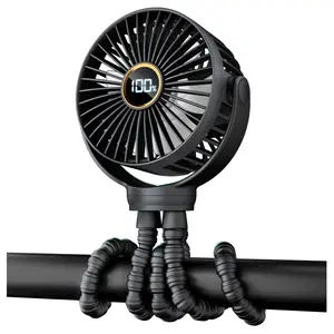 Portable Stroller Mini Fan, Small Rechargeable Personal Fan, Baby Travel Essentials for Wagon, Car Seat, Treadmill, Battery Powered Biking Gear Accessories, 360° Rotation, 3-Speed, Display, Black