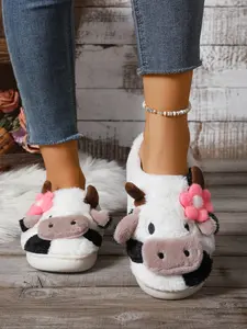 Women's Autumn Winter Fashion Home Slippers, Cute Cartoon Cow Design Plush Soft Slippers, Lightweight Comfortable Non-Slip Outdoor Slippers, Indoor Warm Slippers