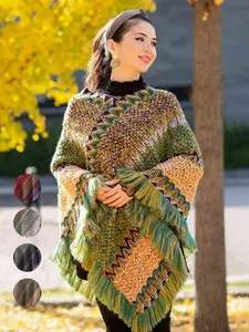 Vintage Ethnic Striped Shawl, Hooded Fringe Knit Sweater, Casual Warm Accessory, Tassel Decor Shawl, Boho Style Scarf, Suitable for Autumn and Spring Summer Air-Conditioned Rooms