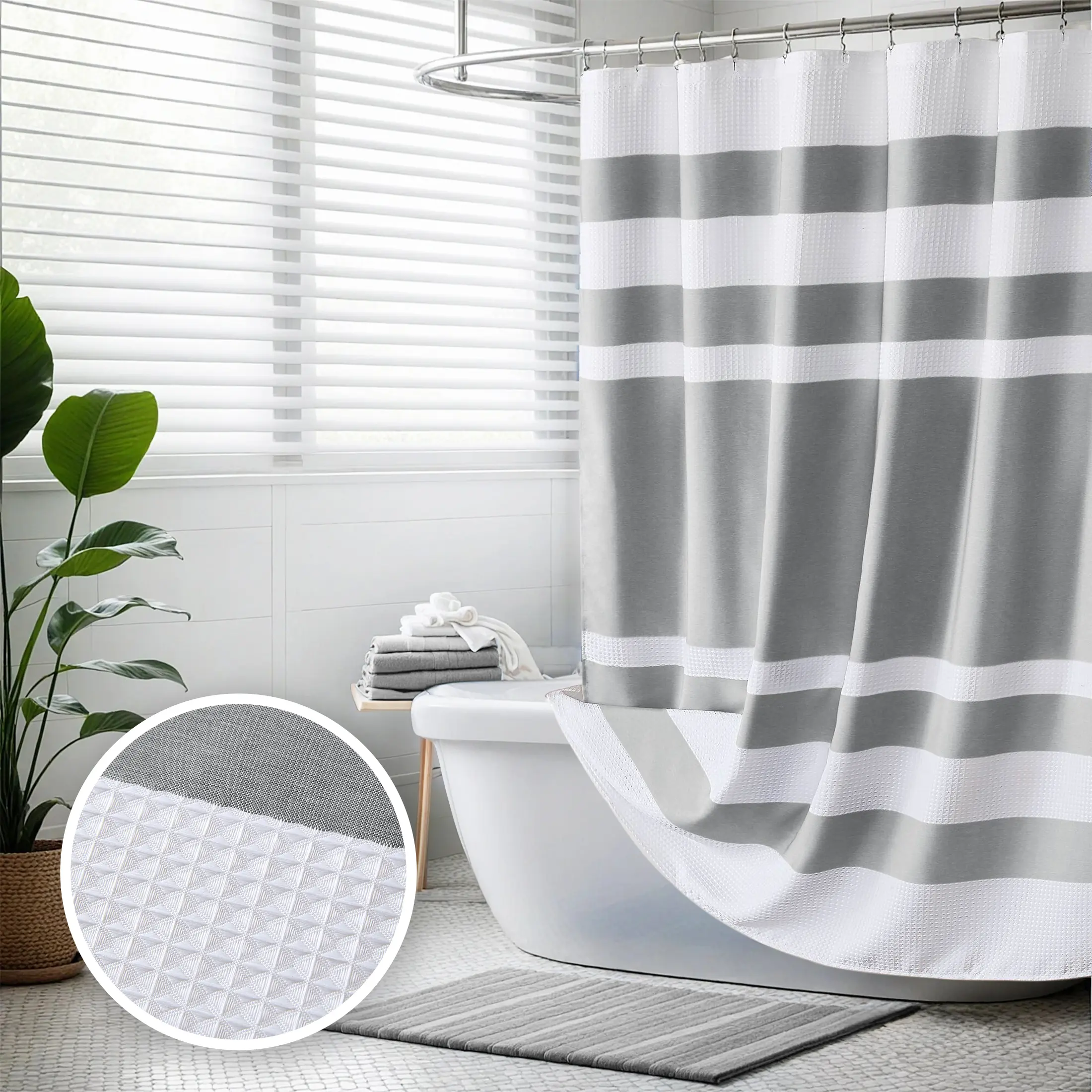 Waffle Weave Striped Pieced Design Fabric Shower Curtain - 3M Scotchgard Moisture Management, Premium Spa Quality, Modern Anti-Splash Bathroom Shower Curtain, Anti-Splash Shower Curtains