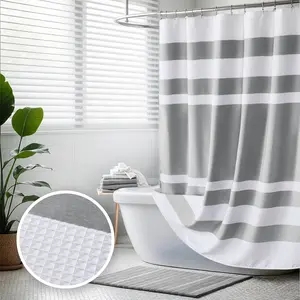Shower Curtain Waffle Weave Striped Pieced Design Fabric Shower Curtains for Bathroom with 3M Scotchgard Moisture Management Premium Spa Quality Modern
