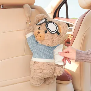 car supplies 1pc Cute Bear Car Seat Back Tissue Holder - Soft Plush Cartoon Design with Blue Overalls & Goggles, Multi-Functional Hanging Storage for Easy Access, Fit for Cars, Made of Durable Polyester