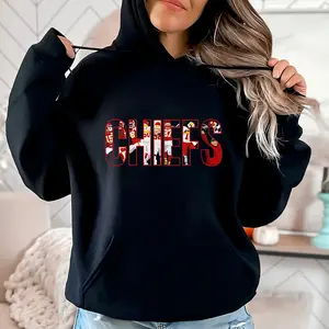 Women's English Print Hoodie - 'CHIEFS' Football Game Print, Black Cotton Knit Hoodie with Front Pocket, Breathable and Slightly Stretchy