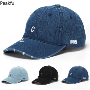 Leisure Denim Baseball Cap – Street Retro Style, Korean-Inspired Embroidered Peaked Hat, Ripped Design for a Vintage Look, Ideal for Summer Outings, Casual Wear & Unisex Styling