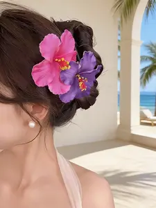 8pcs Vacation Style Large Flower Hair Clips, Hibiscus Flower Clip, Korean Beach Style Colorful Fuchsia Side Clip, Trendy Versatile Hair Accessory, Hair Clip Set