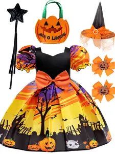 (Dress + all accessories)Girls' Role Play Dress Little Bat Pumpkin Print Princess Dress Halloween Party Costume