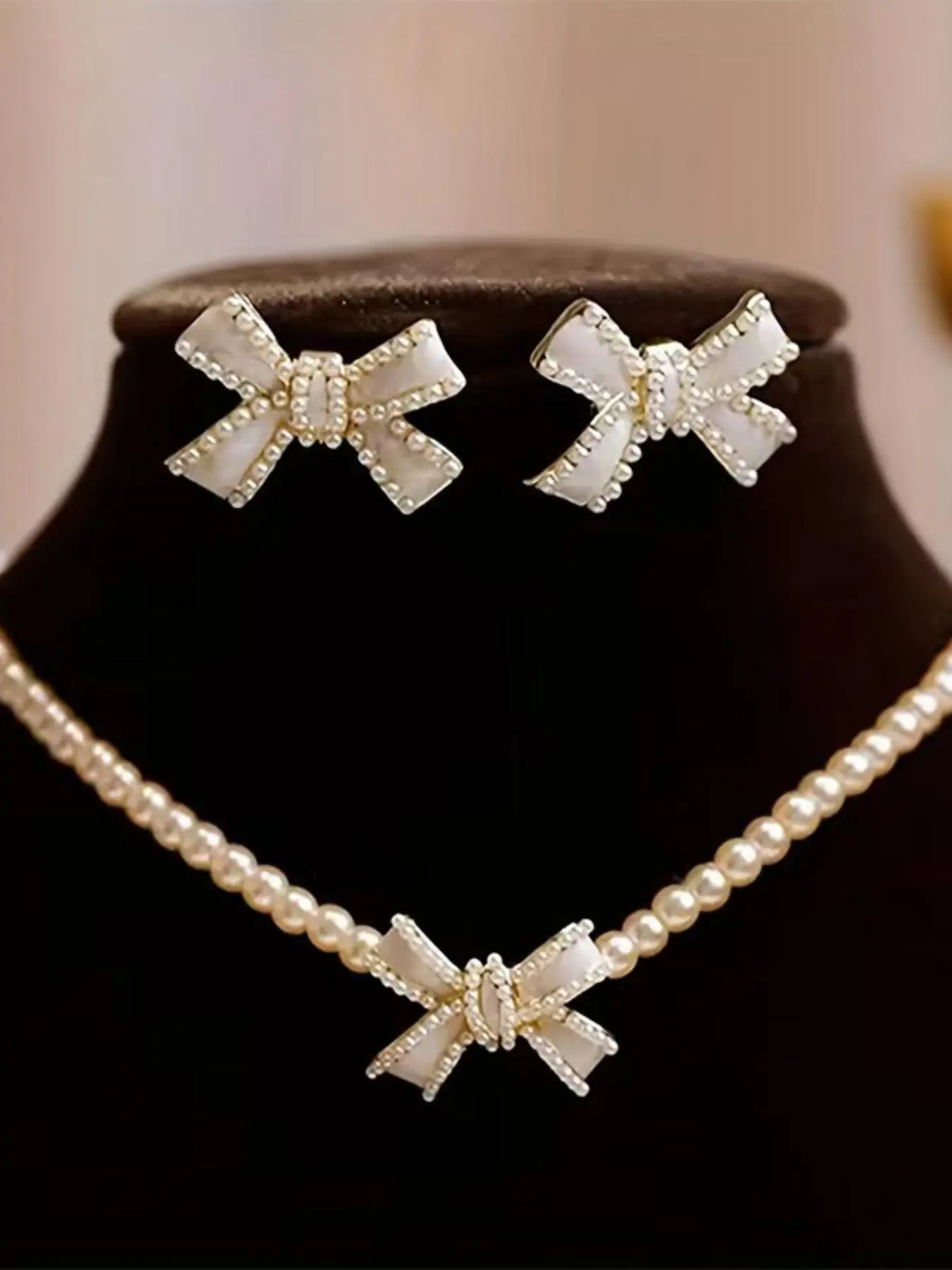 Elegant Faux Pearl Decorated Bowknot Design Necklace & Dangle Earrings, Exquisite Trendy Jewelry Set, Fashionable Accessories for Women & Girls, Jewellery Gift Set, Vintage Jewelry Set, Matching Jewelry Set, Necklaces Earrings Set