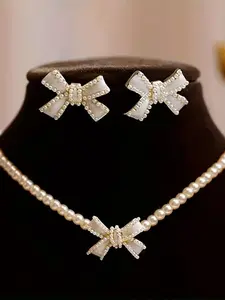Elegant Faux Pearl Decorated Bowknot Design Necklace & Dangle Earrings, Exquisite Trendy Jewelry Set, Fashionable Accessories for Women & Girls, Jewellery Gift Set, Vintage Jewelry Set