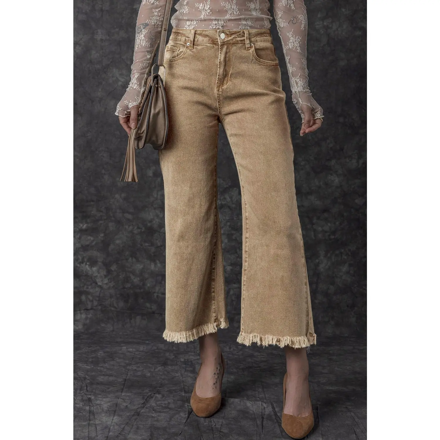 Light French Beige Acid Washed High Rise Cropped Wide Leg Jeans