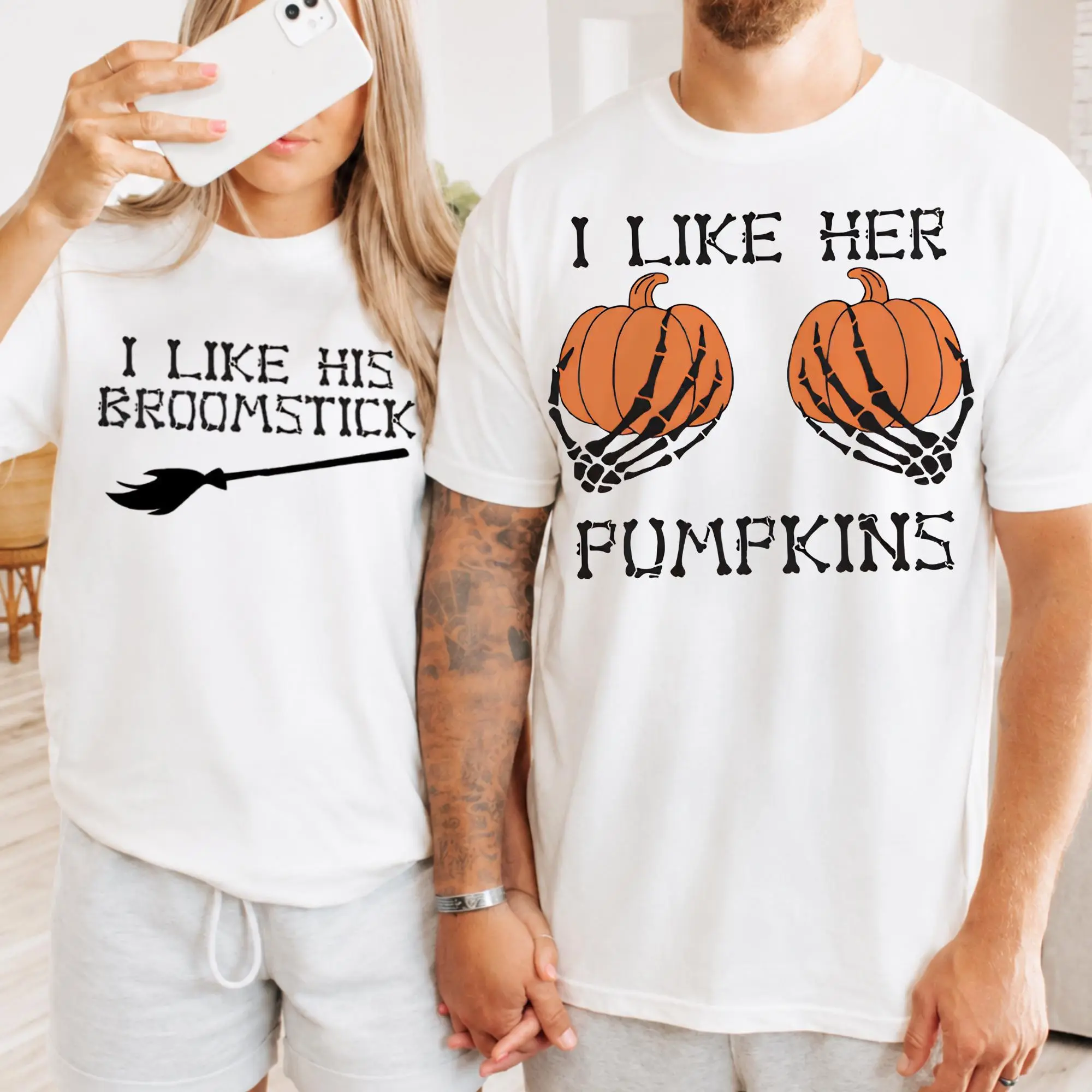 Comfort Colors Halloween Couple Shirts, I Like His Broomstick I Like Her Pumpkins Tees, Funny Witchy Skeleton T-Shirts, Spooky Season Matching Outfit - AL