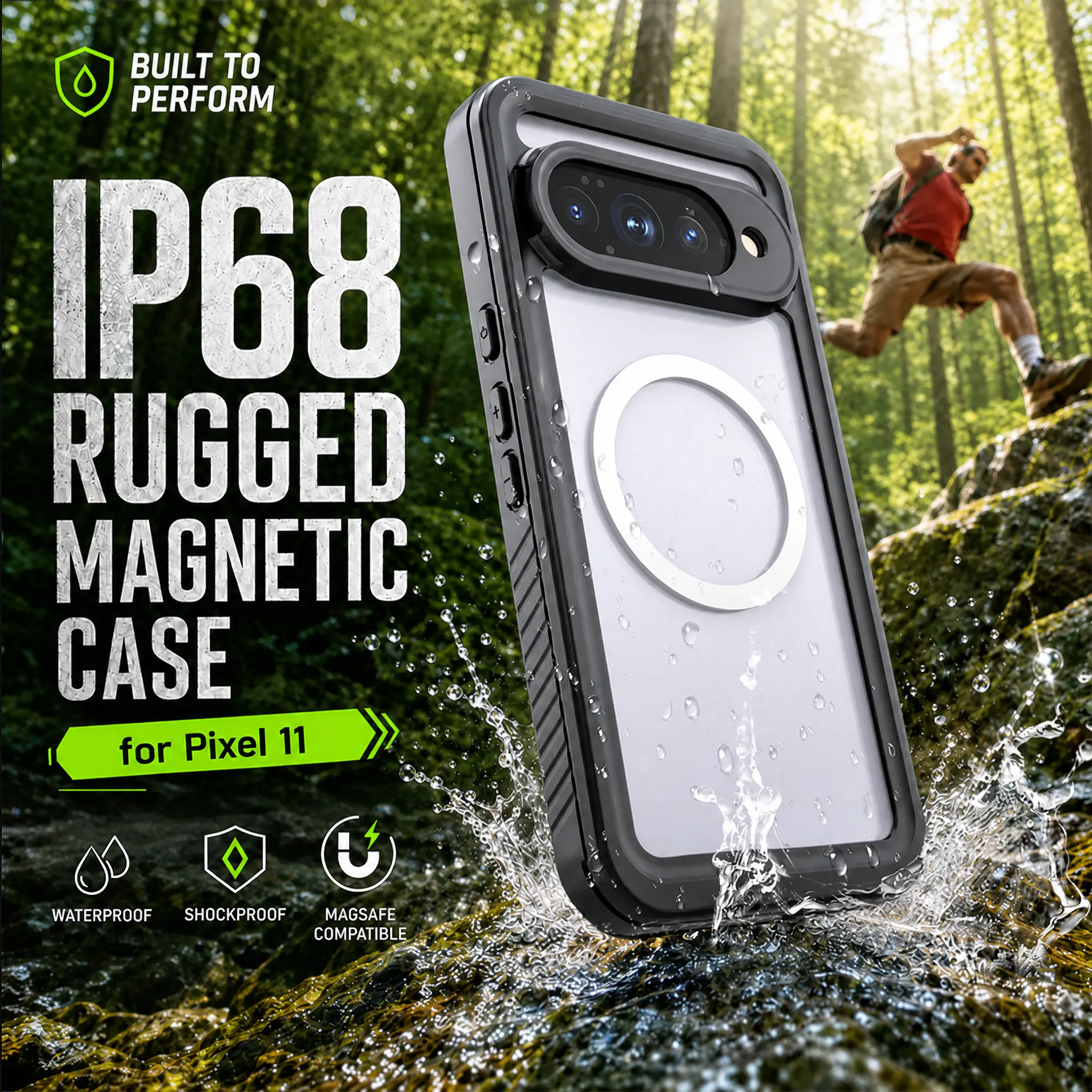 IP68 Waterproof Magnetic Full Body Phone Case for Google Pixel 6-11 Series, Shockproof Dustproof Cover with Anti-Slip Grip, Raised Lens Protection for Outdoor Hiking, Student Use