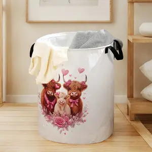 Valentine's Day Cow Print Laundry Basket with Handle, Durable Halloween Foldable Dirty Clothes Storage, Large Capacity Toy Organizer