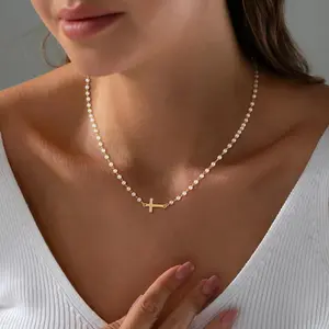Tewiky 14K Gold Plated Cross Pearl Necklace for Women Daniy Pearl Bead Necklace Girl For Easter gifts