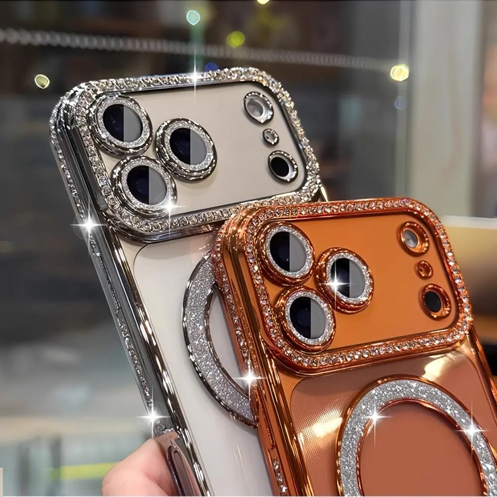 This phone case features an electroplated finish with diamond-encrusted edges and supports magnetic wireless charging. It is compatible with the iPhone 17 Pro Max/17/16/15/14/13/12/Pro Max/Plus/Mini series, as well as the 17 Air/17 Pro series models. Prot