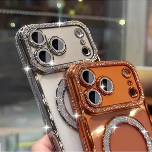 This phone case features an electroplated finish with diamond-encrusted edges and supports magnetic wireless charging. It is compatible with the iPhone 17 Pro Max/17/16/15/14/13/12/Pro Max/Plus/Mini series, as well as the 17 Air/17 Pro series models. Prot