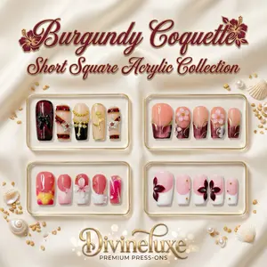 Divineluxe Nails｜10PCS 100% Handmade 1.0inch Press-On Nails｜Reusable Colorful Art Acrylic Stylish｜Burgundy Coquette Short Square Acrylic Collection