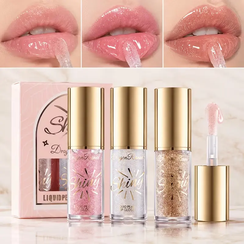 3Pcs Shining Liquid Pearl Lip Gloss Set Long Lasting Glittery Makeup Moisturizing Non Sticky Waterproof Lightweight Clear Lip Oil Versatile Face Cosmetic Summeressentials