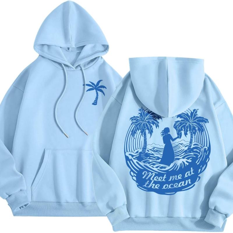 Blue Palm Puff Hoodie Light Blue color for Women 2025 Blue Graphic Hoodie Cute Preppy Sweatshirt Long Sleeve Drawstring Tops  For Women For Men Graphic Printed Shirt Gildan Shirt aquamarine blue