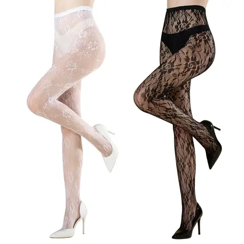 MANZI 2 Pairs Women's Floral Lace Nylon Tights High Elasticity Curvy Patterned Fishnet Tights Hollow Out Design Perfect for Halloween Outfits Christmas & Party, Y2K Goth Style Fashion Socks