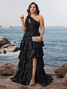 Plus Size Women One-Shoulder Split A-Line Dress Boned 3D Handmade Floral Embroidery Sequin Adjustable Back Strap Luxury Elegant Long Formal Gown for Party Graduation Wedding Banquet Guest Dress