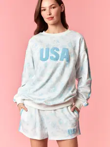 Floral Printed With 'USA' Towel Embroidery With Side Tape Detailed Sweatshirt