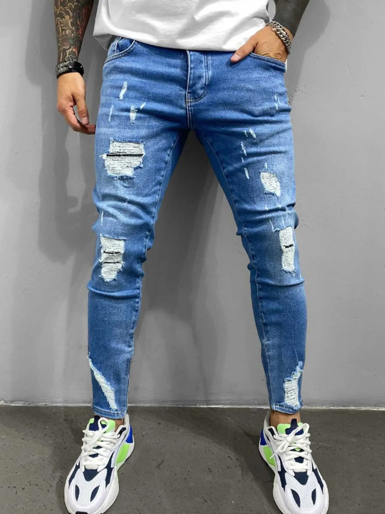 SRETOUU Men’s Fashion distressed ripped stretch slim fit denim jeans high street menswear solid color casual long pants