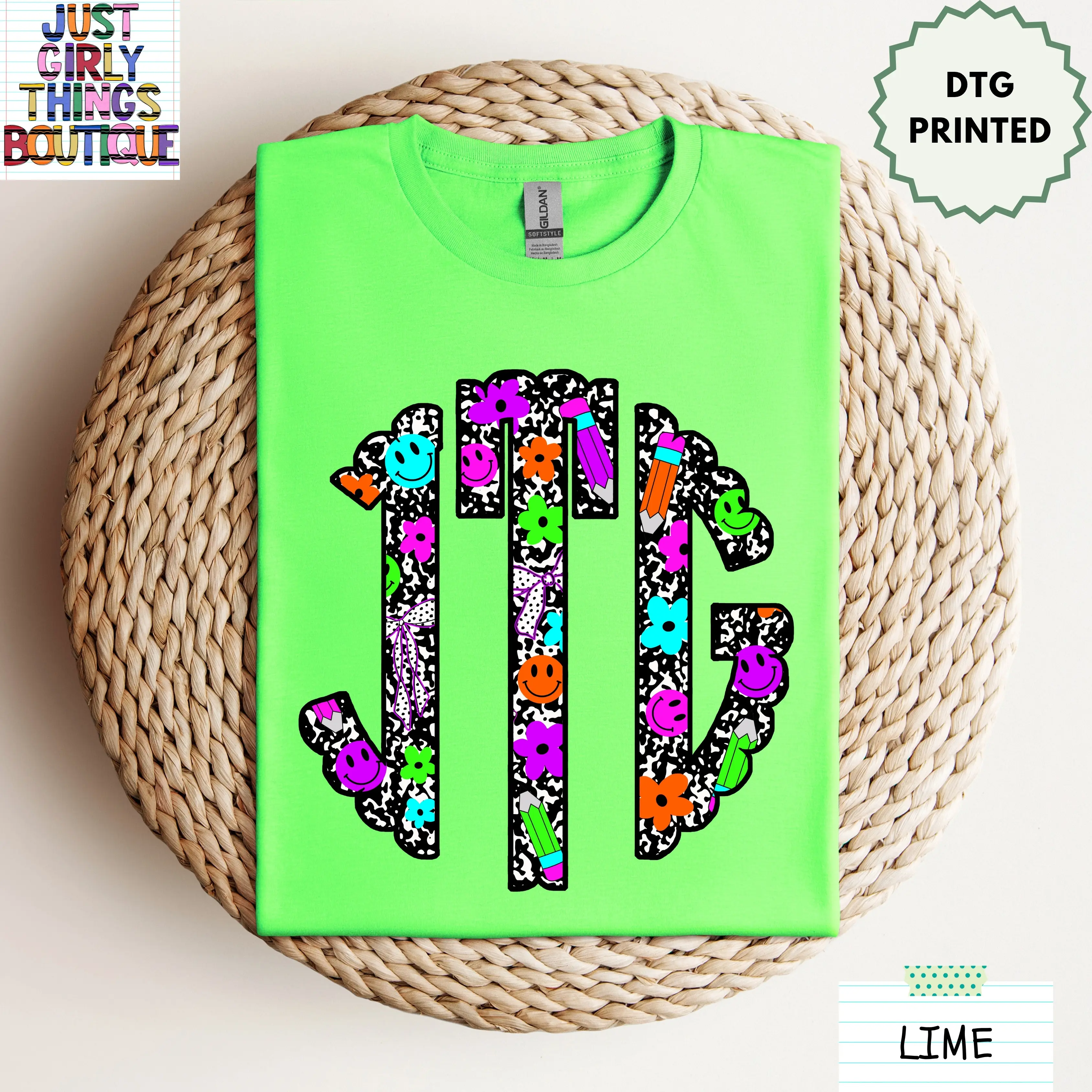 Custom Teacher Composition Notebook Smile Face Floral Monogram Shirt (Leave First Name Initial, Last Name Initial, Middle Name Initial in Notes at Checkout) - Gildan 64000 Softstyle/Gildan 5000 Heavy Cotton Tee -  Custom Teacher Monogrammed Shirt