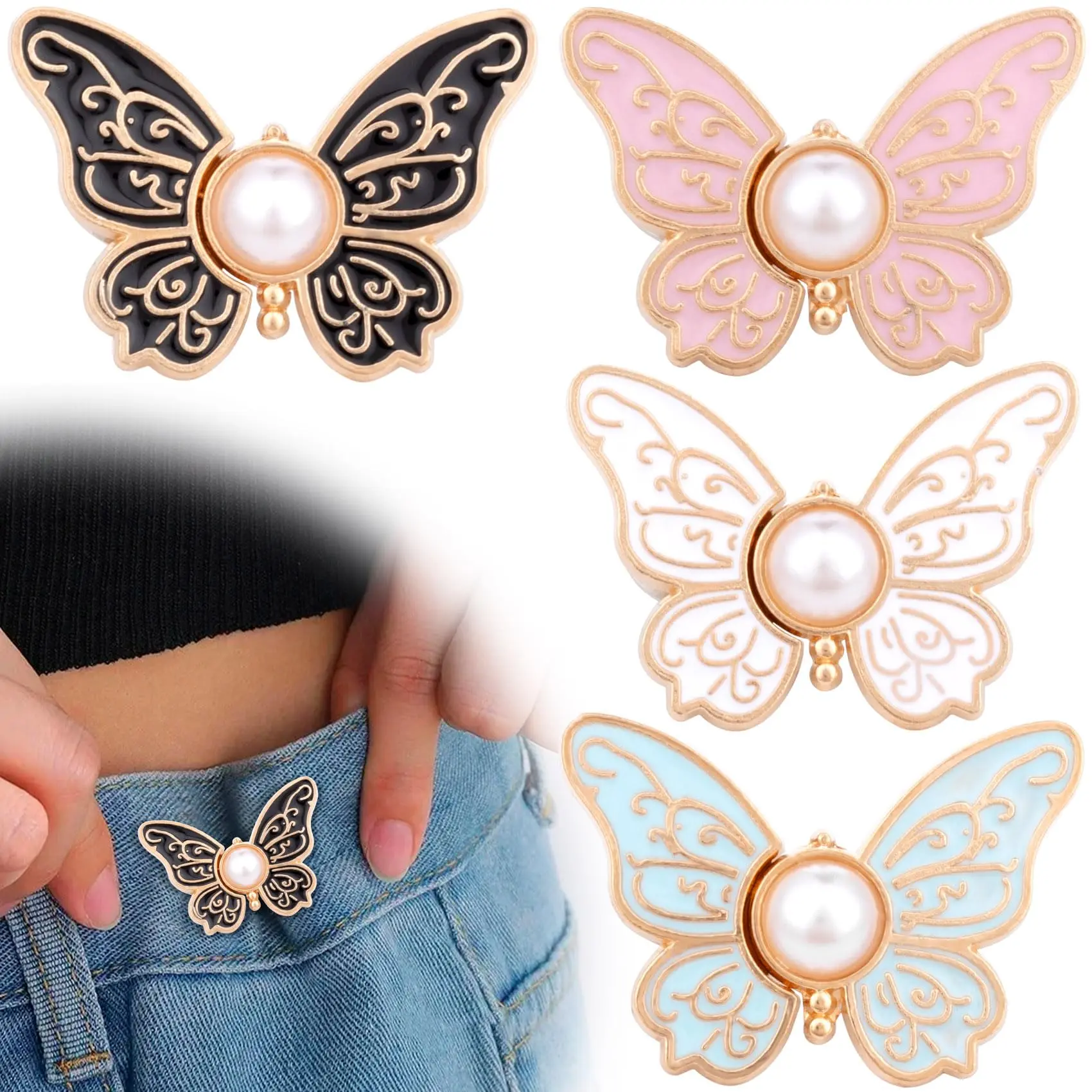 Butterfly Waist Tightener Buttons for Women - 4 Sets No Sew Jean Waist Clips, Reusable Detachable Pants Tightening Pins to Adjust Loose Waist Instantly Adjustable Temporary