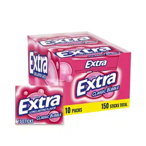 Wrigleys Extra Classic Bubble Gum Sugarfree, 15 Stick Slim Packs, Pack of 10, Individually Wrapped, Perfect for Fresh Breath at School, Work, and Travel