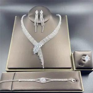 [Popular Choice] Popular Choice 4pcs Elegant Artificial Crystal Jewelry Set - V-Shaped Tassel Necklace, Dangle Earrings, Bracelet & Ring - Perfect for Parties & Banquets - All-Season Glamour Gift Set, Vintage Jewelry